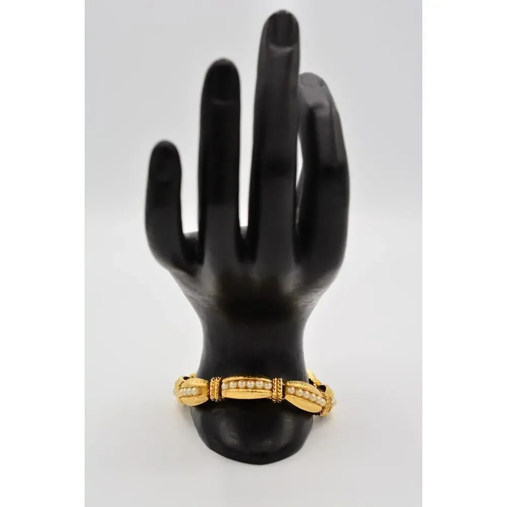 Vintage Linked Bracelet Brushed Gold Tone Pearl Inlay Chunky Heavy 1980s Bin5